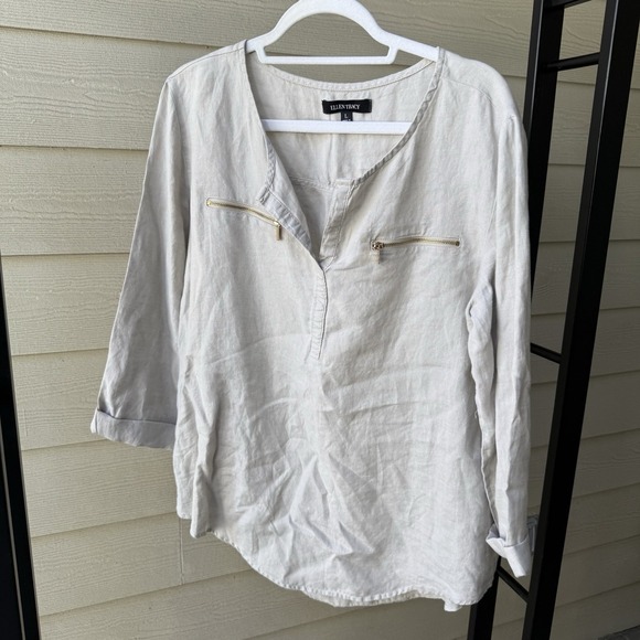Ellen Tracy Tops - Womens 100% Linen Tan Roll Tab Sleeves, Zip Pockets, Lagenlook Blouse‎ Top Large